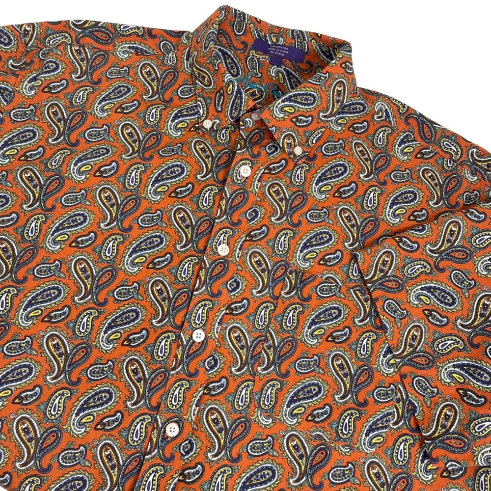 Alan Flusser Mens Button Down Shirt XL Orange Paisley Short Sleeve Cotton